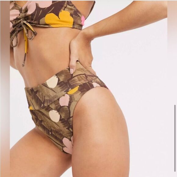 Aerie High Cut Cheeky Bikini Bottom Scoop Rib Top Set Brown Pink - Picture 9 of 14